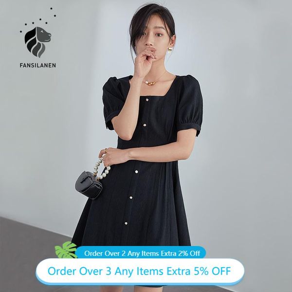 

casual dresses fansilanen puff sleeve office woman dress summer retro square collar temperament little black sexy, Black;gray