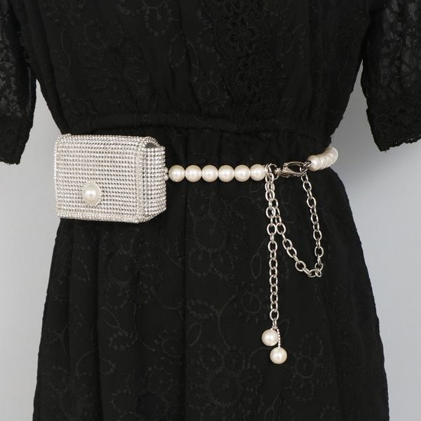 

pearl waist bag women's sweet lady style dual purpose glittering diamond wallet pearl belt metal chain mini small waist bag