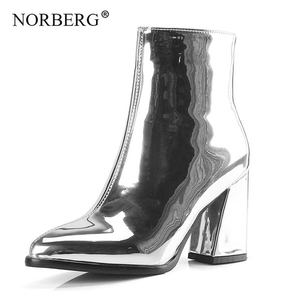 

norberg fashion women shoes autumn / winter bright patent leather pointed high-heeled boots thick with short boots 210507, Black
