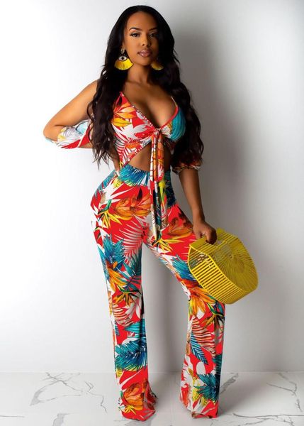 

women's jumpsuits & rompers adfvat fashion printed women deep v neck bow hollow out party romper high waist wide leg pants bodysuits sm, Black;white