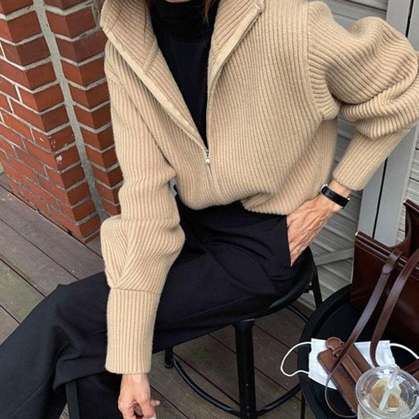 

women's jackets korea chic knit cardigan retro bf wind sweater high neck zipper loose long sleeve jacket winter solid color casual 9cze, Black;brown