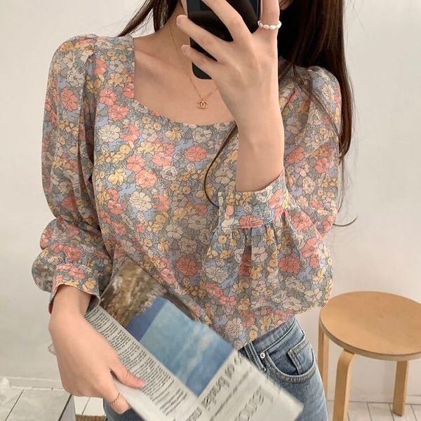

bra streetwear chiffon blouse women shirts gentle romance long sleeve vintage floral loose office lady blouses, Red;black