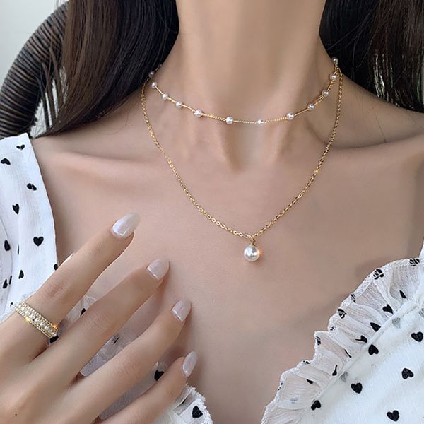 

vintage choker chain pendant necklace for women fashion round imitation pearl beaded layered collar necklace neck trend jewelry, Golden;silver