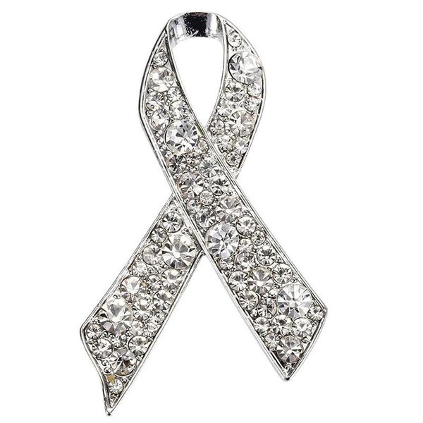 

pins, brooches silver color white rhinestones ribbon brooch breast cancer awareness pin promotional gift wholesale, Gray