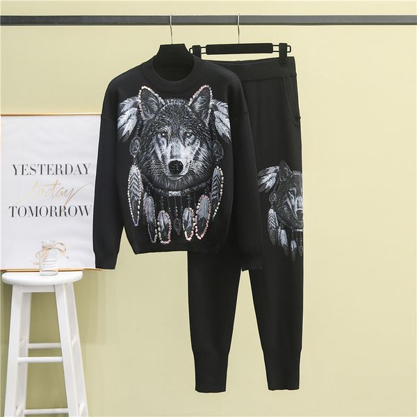 

tracksuits fashion sport suit autumn and winter printing wolf head heavy industry nail bead knitted sweater two piece set women, Gray