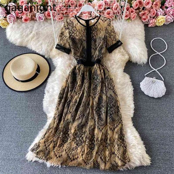 Dantel Moda Kadınlar Kısa Kollu Yaz Elbise O Boyun Bodycon Lady Parti Elbiseler Chic Kore Vintage Ince Vestidos 210601