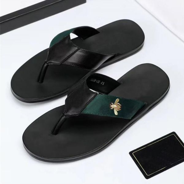 

men fashion slippers black soft leather sandals mules bees summers slide slippery flat chain sandals wide t-bar casual beach slip sandal wit