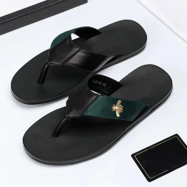 Männer Mode Hausschuhe Schwarz Weiche Leder Sandalen Pantoletten Bienen Sommer Rutsche Rutschige Flache Kette Sandalen Breite T-bar Casual Strand Slip Sandale Mit Box