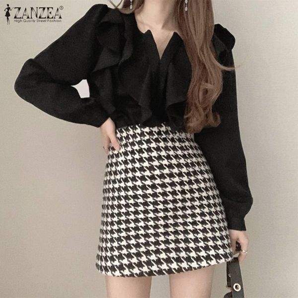 

women's blouses & shirts women ruffle blouse zanzea 2021 spring autumn patchwork office lady puff sleeve casual solid v-neck oversize, White