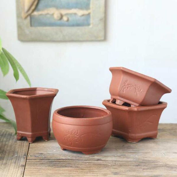 Argila Vermelha Respirável Flowerpot Cerâmica Planta Planta Vaso Vaso Bonsai Plantador Flor Recipiente Sala De Visitas Varanda Decoração Home 210615