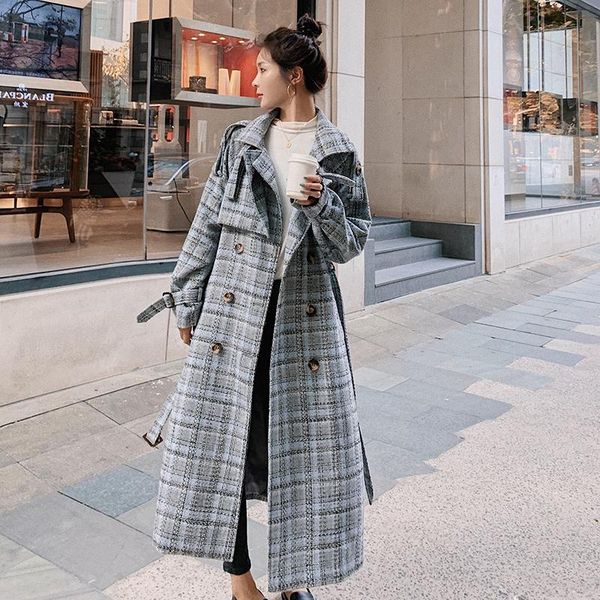 

women's wool & blends plaid woolen coat 2021 winter long loose fur thick double-breasted lapel retro temperament fashion jacket 6x, Black