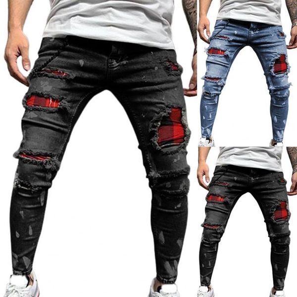 Jeans masculinos moda multi bolsos homens rasgados buracos denim pele-amigável cintura média elástico borla magro streetwear