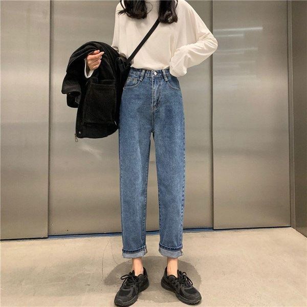 

women's jeans woman pants high waist autumn loose straight cropped pantalones vaqueros mujer, Blue