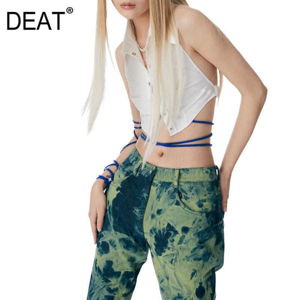 

[deat] summer fashion turn-down collar sleeveless solid color drawstring personality women shirt 13q424 210527, White