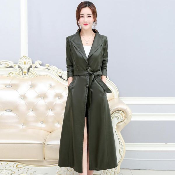 

women's leather & faux autumn x-long windbreaker women fashion long sleeve single breasted trench coat jacket with belt, Black