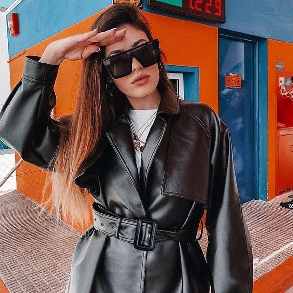 

women's jackets autumn winter women leather jacket steetwear motorcycle windbreaker ladies long sleeve sashes coat outwear, Black;brown