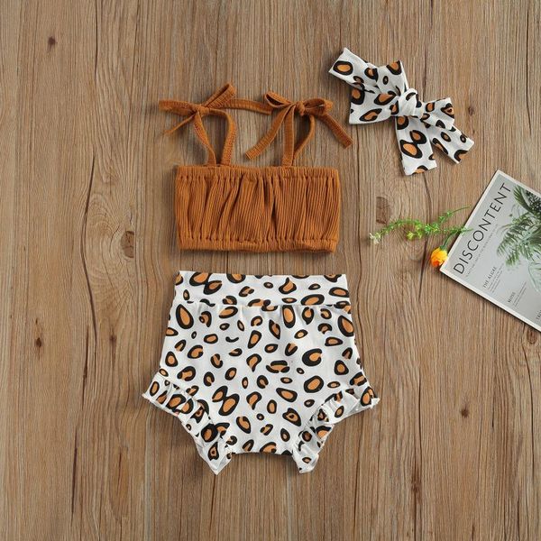 

clothing sets 0-24m born baby girls 2-piece clothes sleeveless lace up +leopard shorts+headband set summer, White