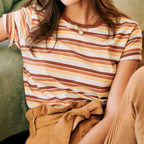 

striped print t shirt women round collar cotton soft short sleeve tee elegant 2021 spring autumn chic retro casual women's t-shirt, White