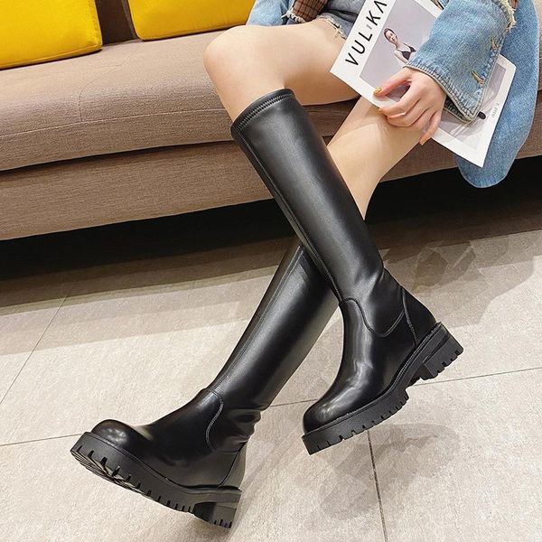

dress shoes boots 2021 women's plush thick soled straight tube middle long horse leather high, Black
