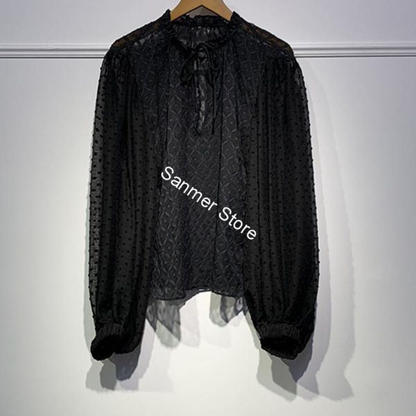 

women's blouses & shirts see-through shirt lace black long sleeve v-neck lace-up early autumn lady blouse, White