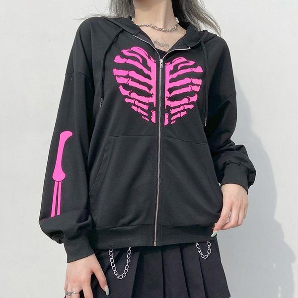 

women's hoodies & sweatshirts dark heart sternum print hooded sweater women autumn loose zipper jacket casual top, Black