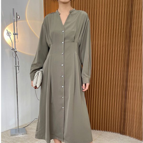 

minimalist long sleeve ladies dress korean chic fashion simple v-neck loose casual robe black khaki green 16w440 210510, Black;gray