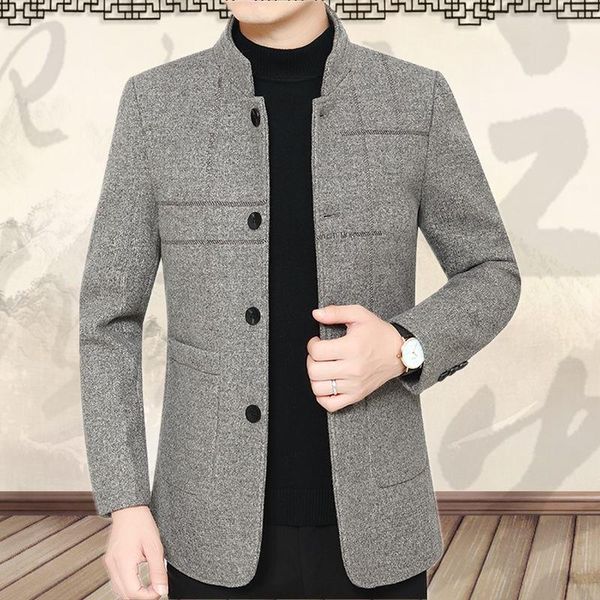 

men's wool & blends 2021 men winter warm solid color woolen trench coats male slim stand collar overcoats single-breasted jackets o246, Black