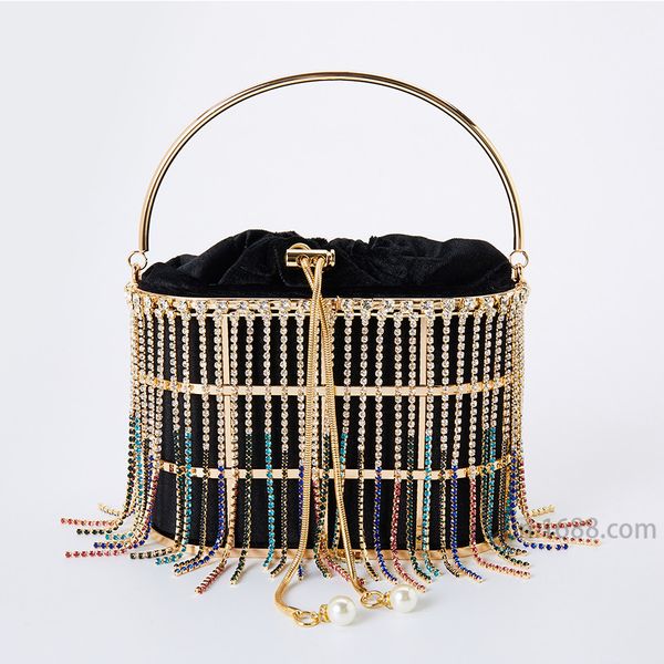 

multi-color diamond tassel evening clutch bag women 2020 luxury hollow metal cage basket handbag chain shoulder bag zd1788