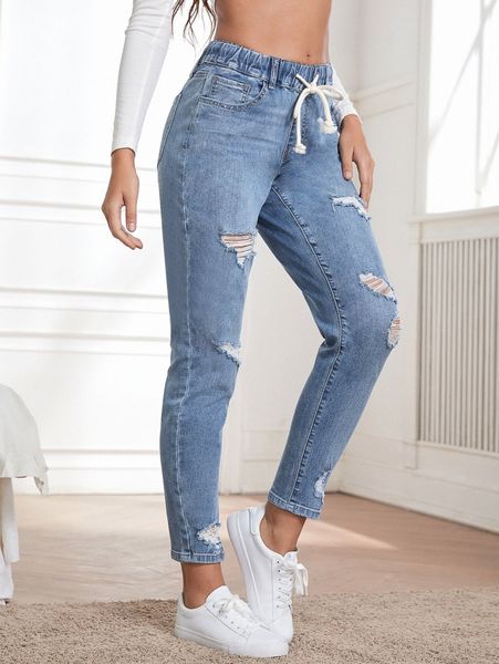 

drawstring waist slant pocket ripped jeans r3ai#, Blue