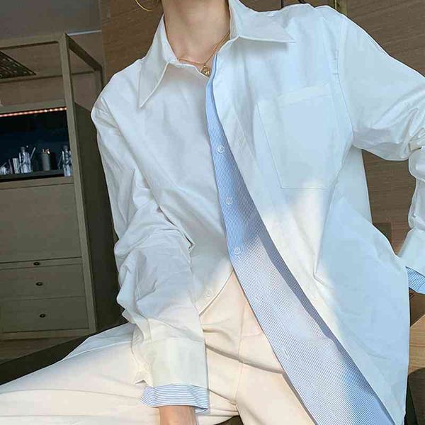 

summer street style full sleeve women shirt blouse striped oversize ladies tunic long shirts turn-down collar female 210521, White