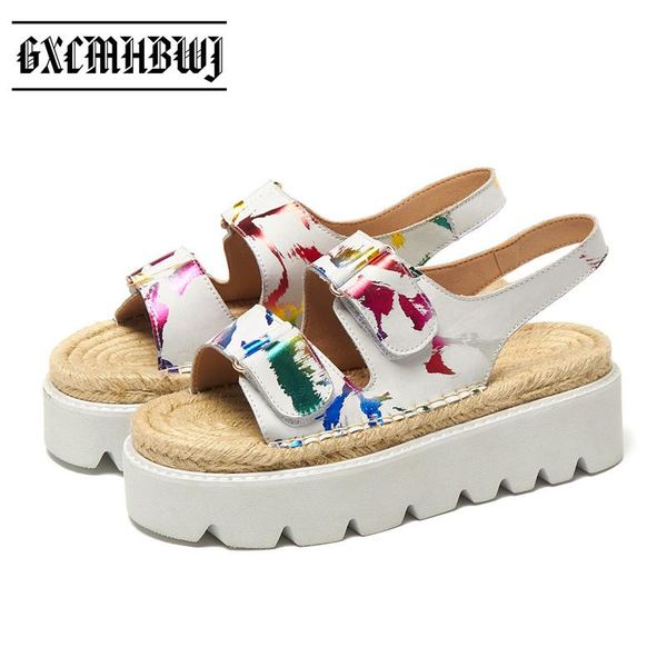 

sandals gxcmhbwj genuine leather mixed color flat platform women open toe thick bottom buckle outdoor casual shoes, Black