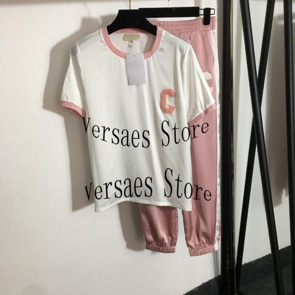 

women's two piece pants 21 letter printing fashion temperament round neck versatile short sleeve t-shirt + high waist stretch, White