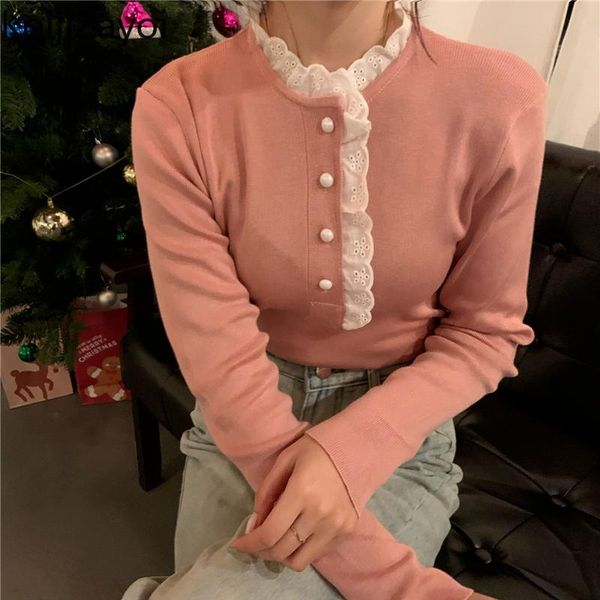 

women's sweaters koijizayoi 2021 autumn winter slim knitted women half turtleneck lace sweater basic solid bottoming long sleeve pullov, White;black