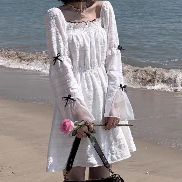 

casual dresses 2021 vintage white woman beach soft retro elegant mesh square collar ruffle long sleeve mini dress robes, Black;gray