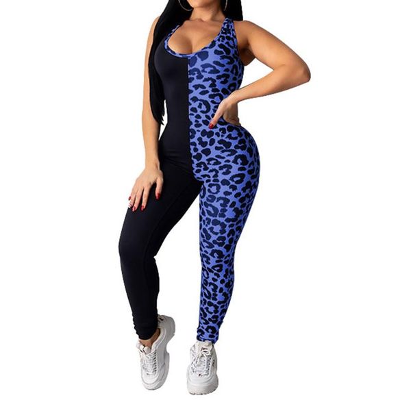 

gym clothing women rompers color block jumpsuit sleeveless u-shaped neck leopard print romper cross backless sports clothes, White;black