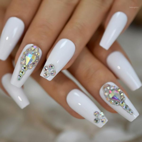 

glossy white 3d shiny holo gems french coffin ballet false nail press on ballerina fake nails tips reusable wear 24pcs/set1, Red;gold