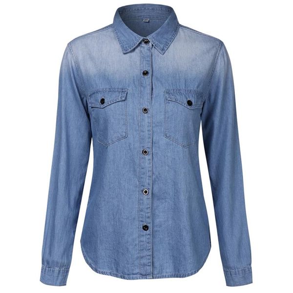 

spring fashion women slim denim shirts autumn long sleeve side pocket lapel single-breasted shirt ladies blouses women's &, White