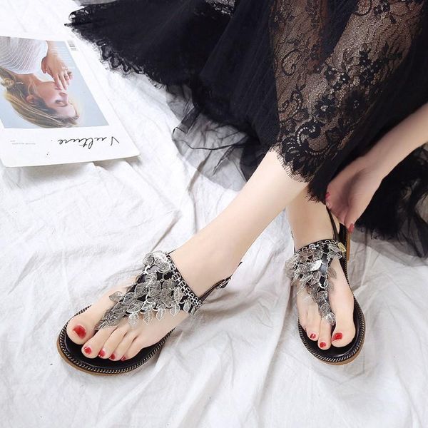 

fashion solid t-strap sandals women buckle strap bling rome flat front rear ladies shoes, Black