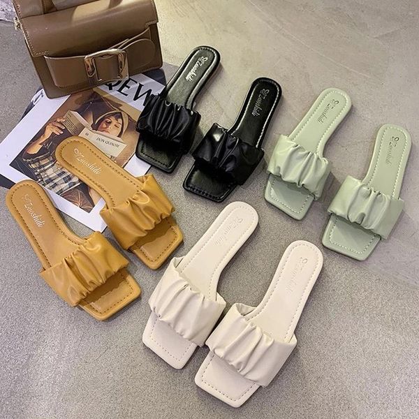 

women slippers summer pleated upper fashion wear-resistant office flat shoes sandy beach sandals, Black