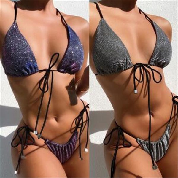 

women's swimwear shiny bikini women swimsuit 2021 triangle woman two-pieces bikinis set push up summer bather bathing suit swim, White;black