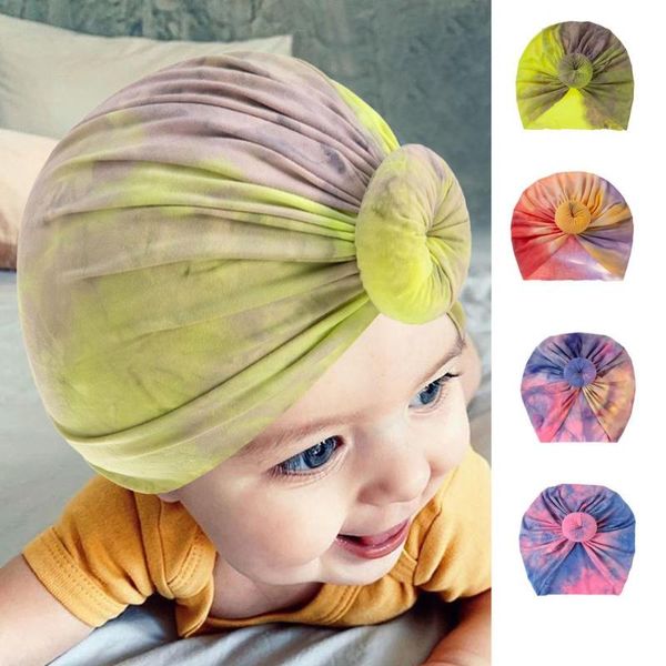 

caps & hats 4pcs/set baby turban girl kids tie dye pre tied head wrap knitting beanie high elasticity soft kid headwear hair accessorie, Yellow