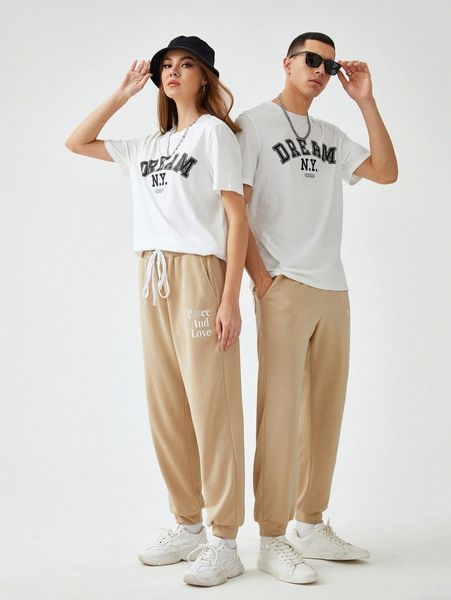 

1pc slogan graphic drawstring waist sweatpants m6fr#, Black