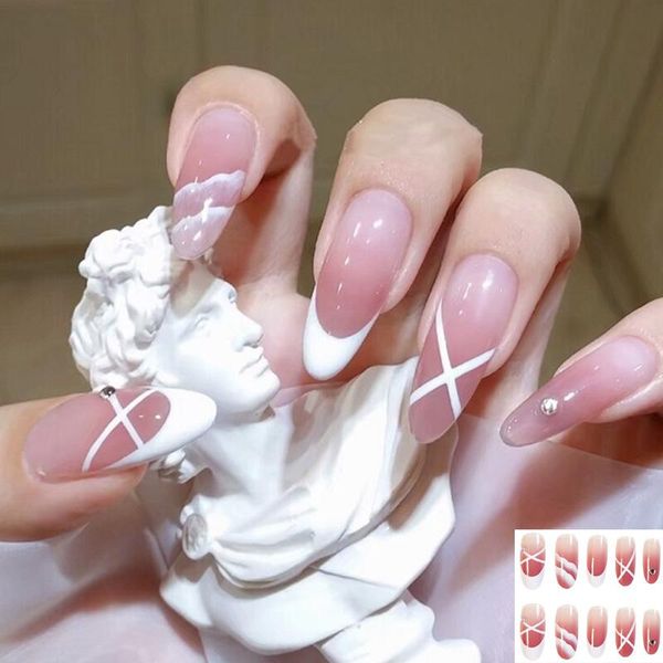 

false nails ballerina with glue french wearable fake patches nail tips full cover press on manicure tool, Red;gold