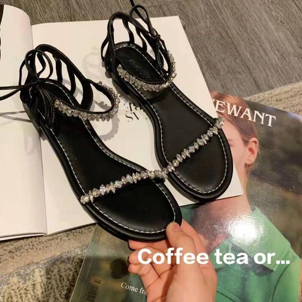 

sandals crystal band gladiator women slides summer shoes hollow out thick high heels sandalias femme paillette lace up sandales, Black