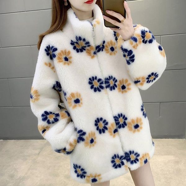 

women's fur & faux fashion plus size soft grain wool 2021 small daisy composite leather one loose coat thick warm printed wear, Black