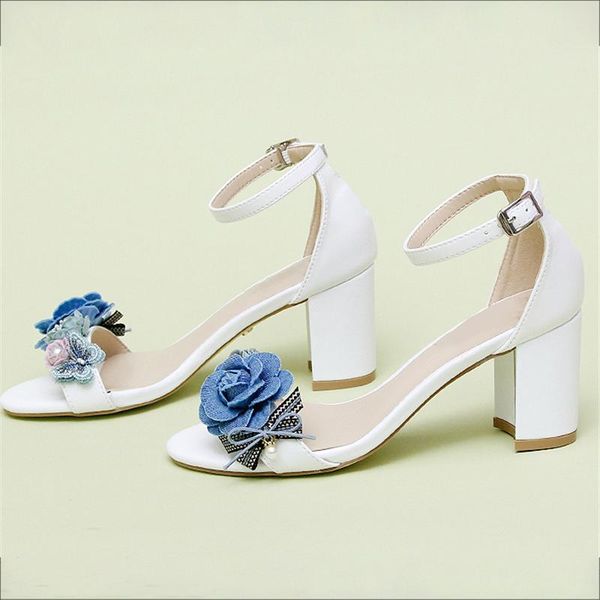 

women sandals floral wedding shoes bow tie white pumps 7cm block high heels bride ladies ankle strap plus size 43, Black