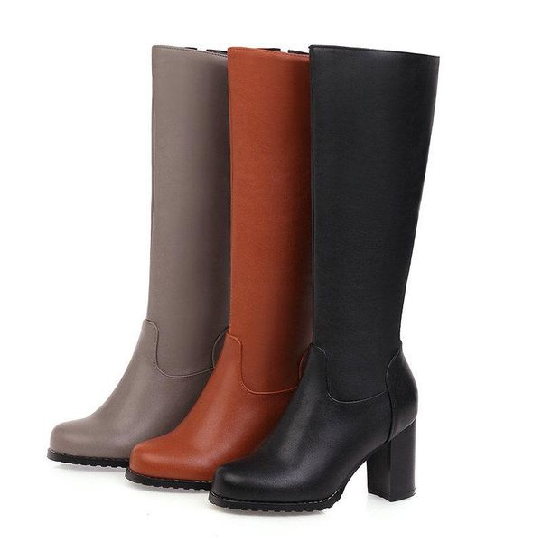 

boots black yellow gray knee high women fashion zipper pu leather long round toe square heel autumn winter shoes