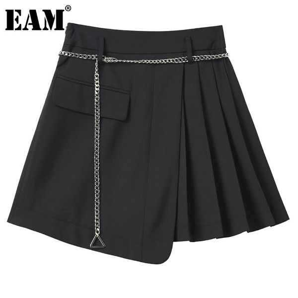 

[eam] gray black metal chian irregular pleated high waist half-body skirt women fashion tide spring autumn 2021 1dd5068 skirts