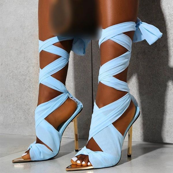 

sandals 2021 women summer super high thin heels female fashion party lace-up pumps ladies pointed toe shoes plus size 43, Black
