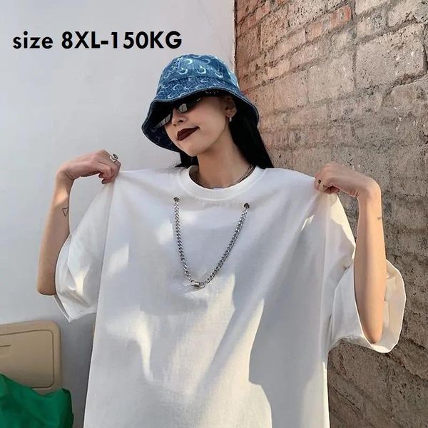 

size 8xl 150kg summer large black t shirt o neck short sleeve women tshirts with chain big ladies women's t-shirt, White